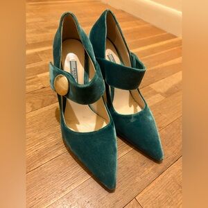 Prada Green Velvet Heels with Gold Accent